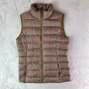 Eddie Bauer Women's 650 Puffer Vest Plaid XS Goose Down Full Zip Brown Red Prep
